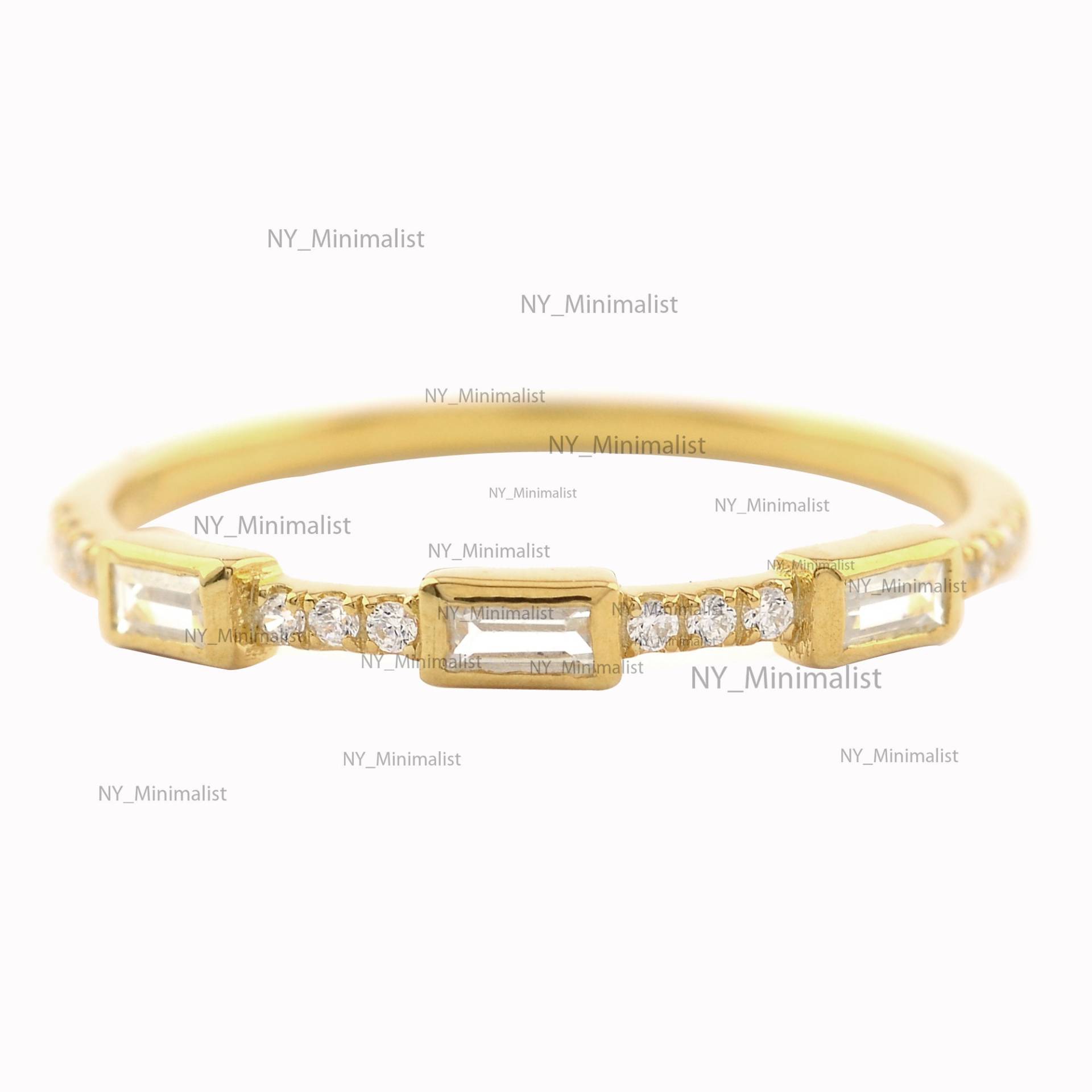 Echter Baguette-Diamant Und Runder Diamant-Halb-Eternity-Ring, Massiver 14-Karätiger Gelbgold-Diamant, Zierlicher Ring, Schmuck, Geburtstagsgeschenk von nyminimalist