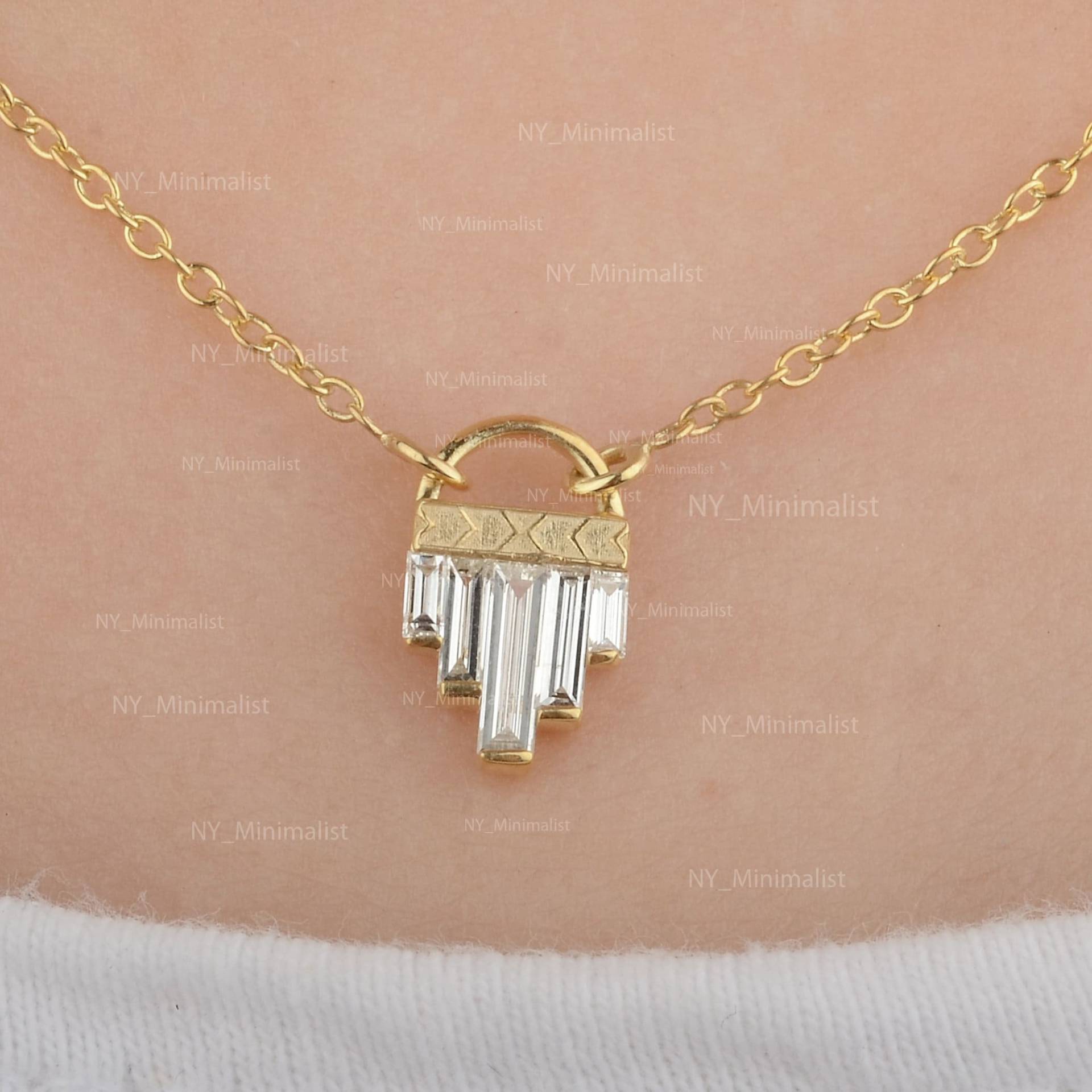 Echte Diamant-Halskette, Lange Baguette Diamant Bar Anhänger Halskette, 18K Gold Zertifizierte Geschenk Für Sie von nyminimalist