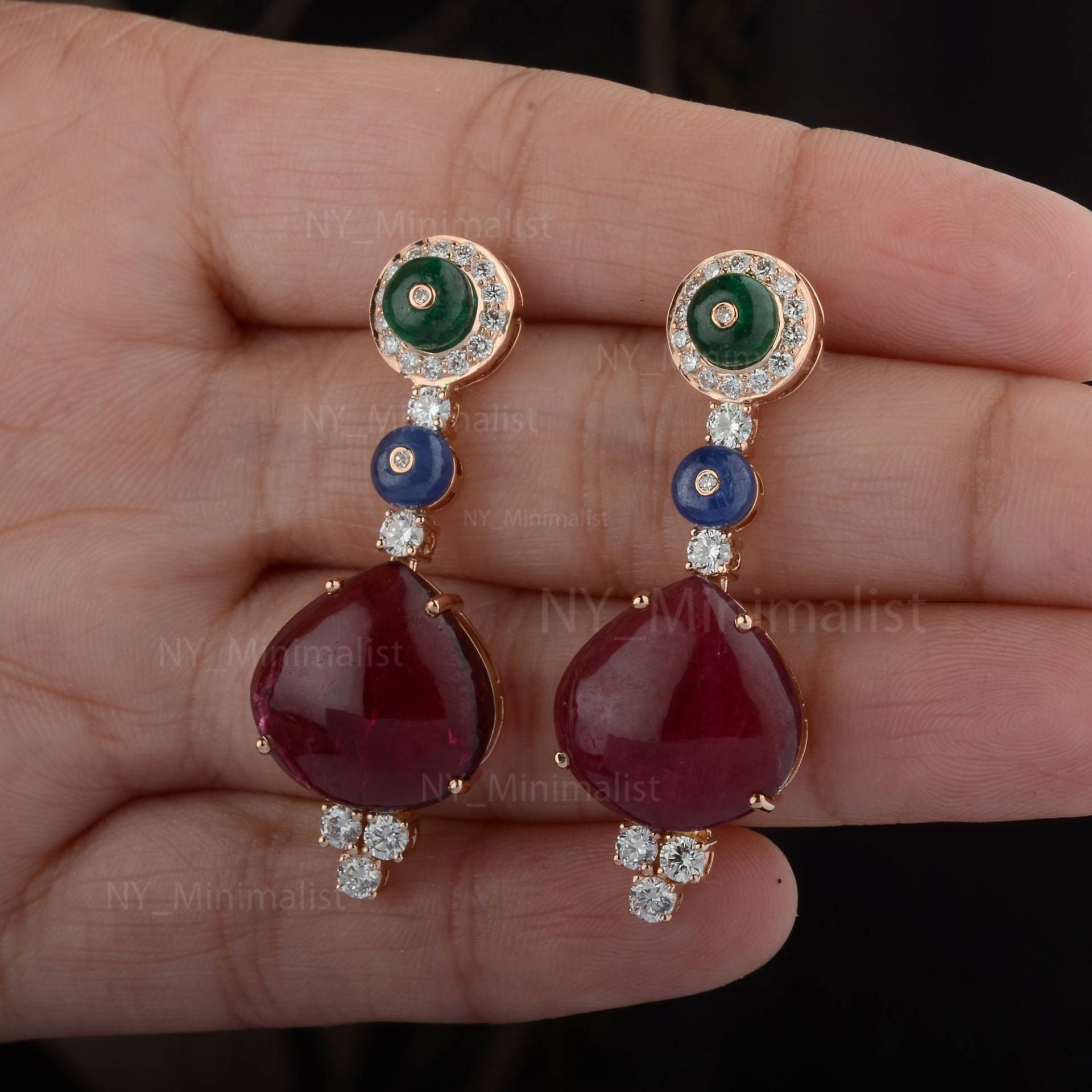 Echte Rosa Turmalin Ohrringe Massiv 18K Gelbgold Art Deco Blauer Saphir Smaragd Baumeln Zertifiziert Si G-H Diamant Schmuck Echte Rosa Turmalin Ohrringe Massiv 18K Gelbgold Art Deco Blauer Saphir Smaragd Baumeln Zertifiziert Si G-H Diamant Schmuck von nyminimalist