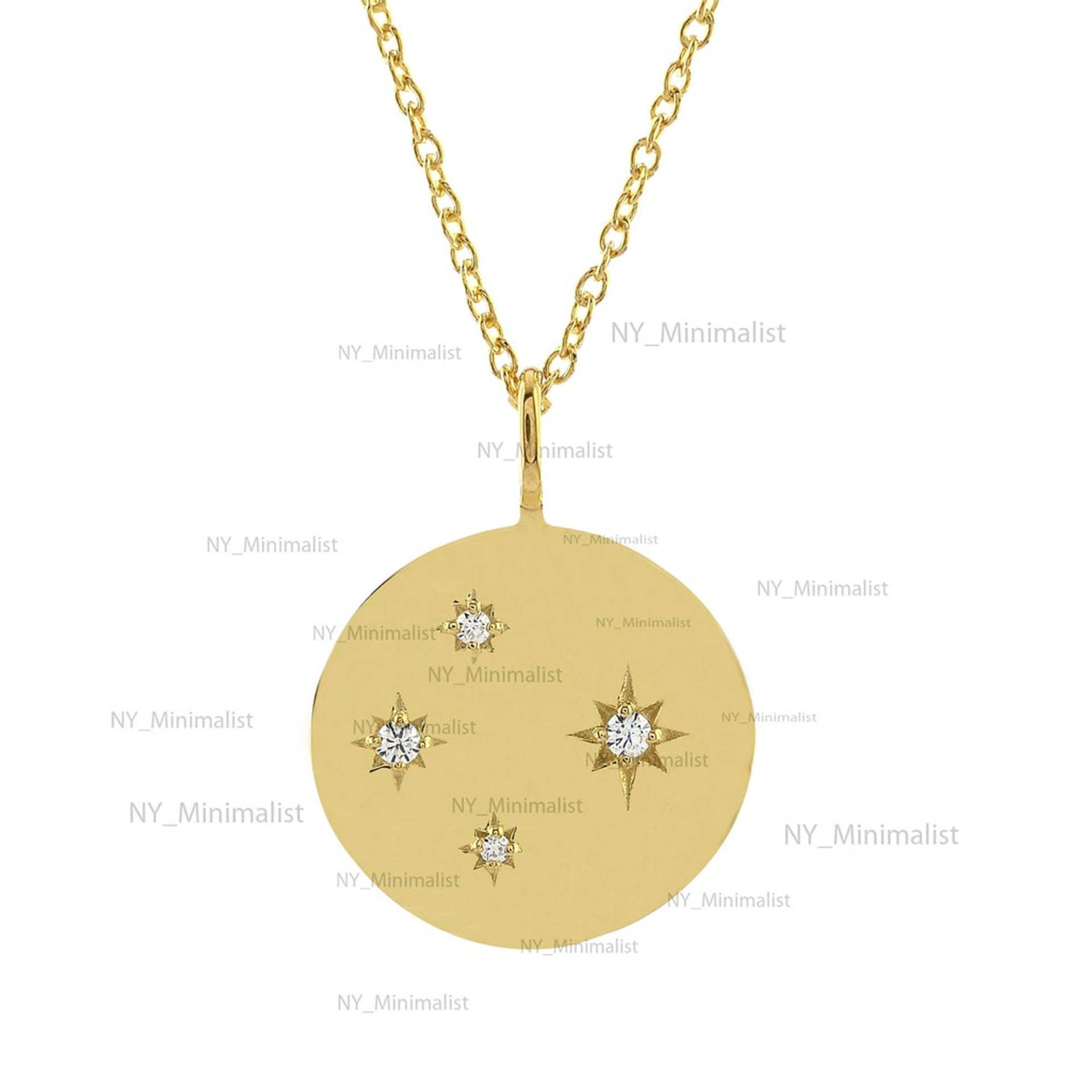 Echte Si Clarity G-H Farbe Diamant Starburst Anhänger Halskette Solide 14K Gelbgold 17mm Runde Disc Handgemachtes Schmuck Geschenk Für Sie von nyminimalist