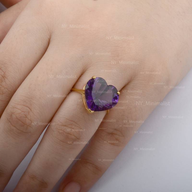 Echtes Großes Herz Amethyst Edelstein Statement Ring 14K Gelbgold Liebe Minimalist Schmuck Jahrestag Geschenk von nyminimalist