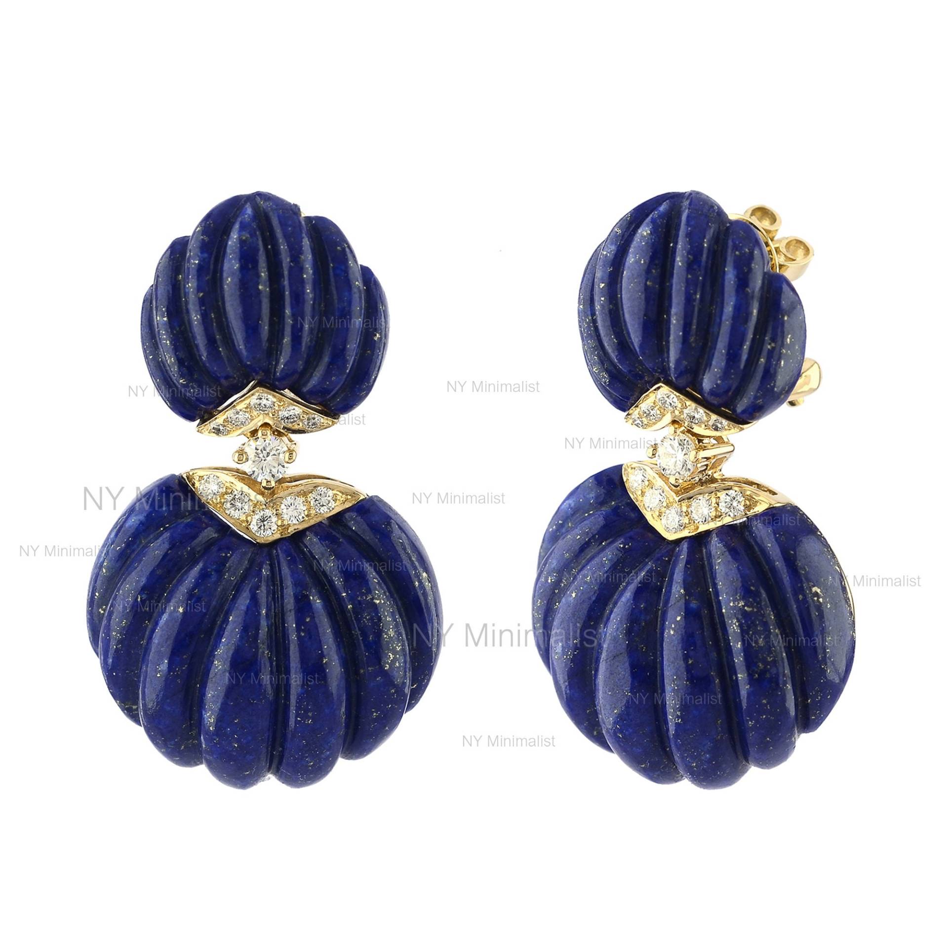 Geschnitzte Lapislazuli Edelstein Mermaid Seashell Echte Diamant Baumeln Ohrringe Massive 18K Gelbgold Minimalist Art-Deco-Ohrringe Zertifiziert von nyminimalist