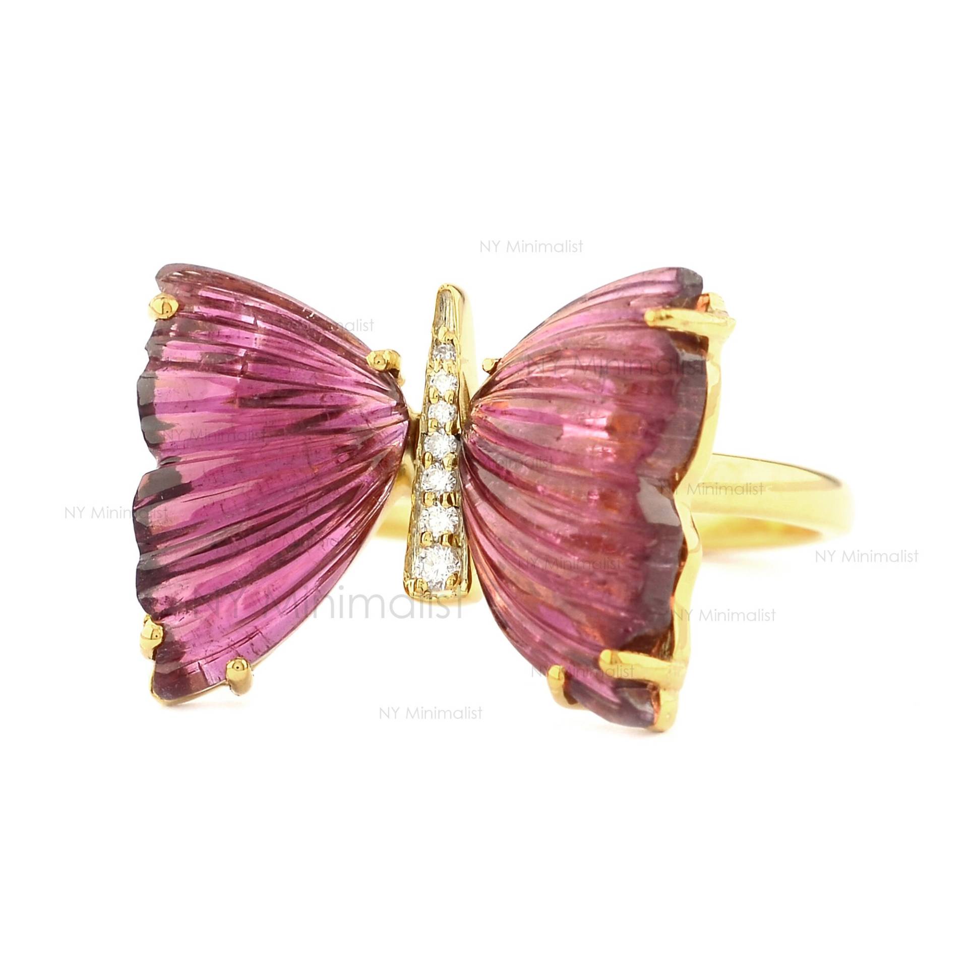 Geschnitzter Rosa Turmalin Edelstein Si Klarheit Diamant Schmetterling Ring Solid 14K Gelbgold Art-Deco-Schmuck, Handgemachter von nyminimalist