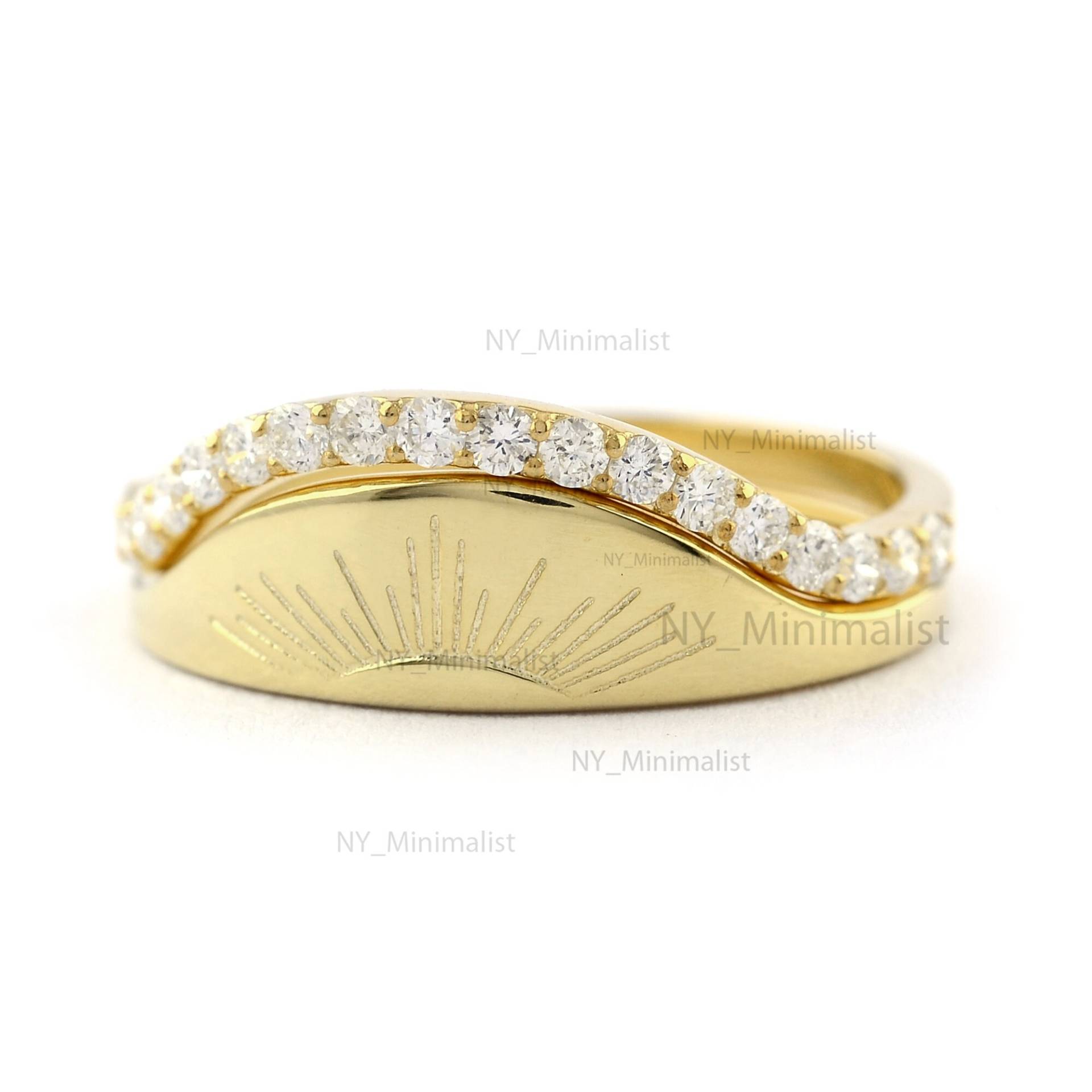 Halb Aufgehende Sonne Natürliche Si Klarheit G-H Farbe Diamant Pave Zwei Stapelbare Ringe Set Solid 14K/18K Gelbgold Statement Ring von nyminimalist