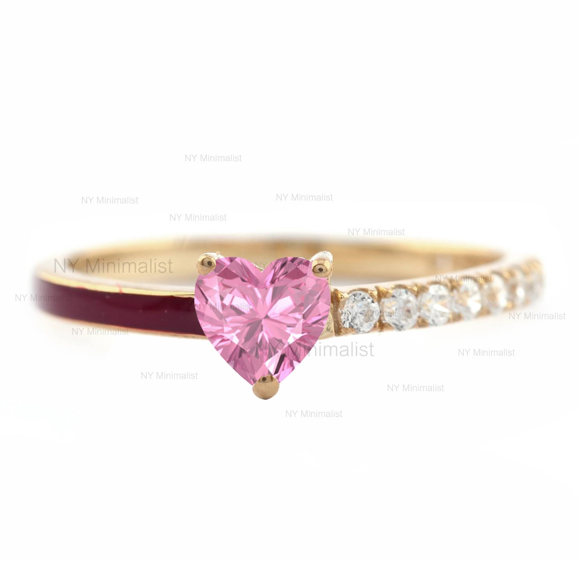 Herz Geschnitten Rosa Turmalin Edelstein Solid 14K Gelbgold Natürliche Si G-H Farbe Diamant Rote Emaille Hochzeit Bandring, Minimalist Vorschlagen von nyminimalist