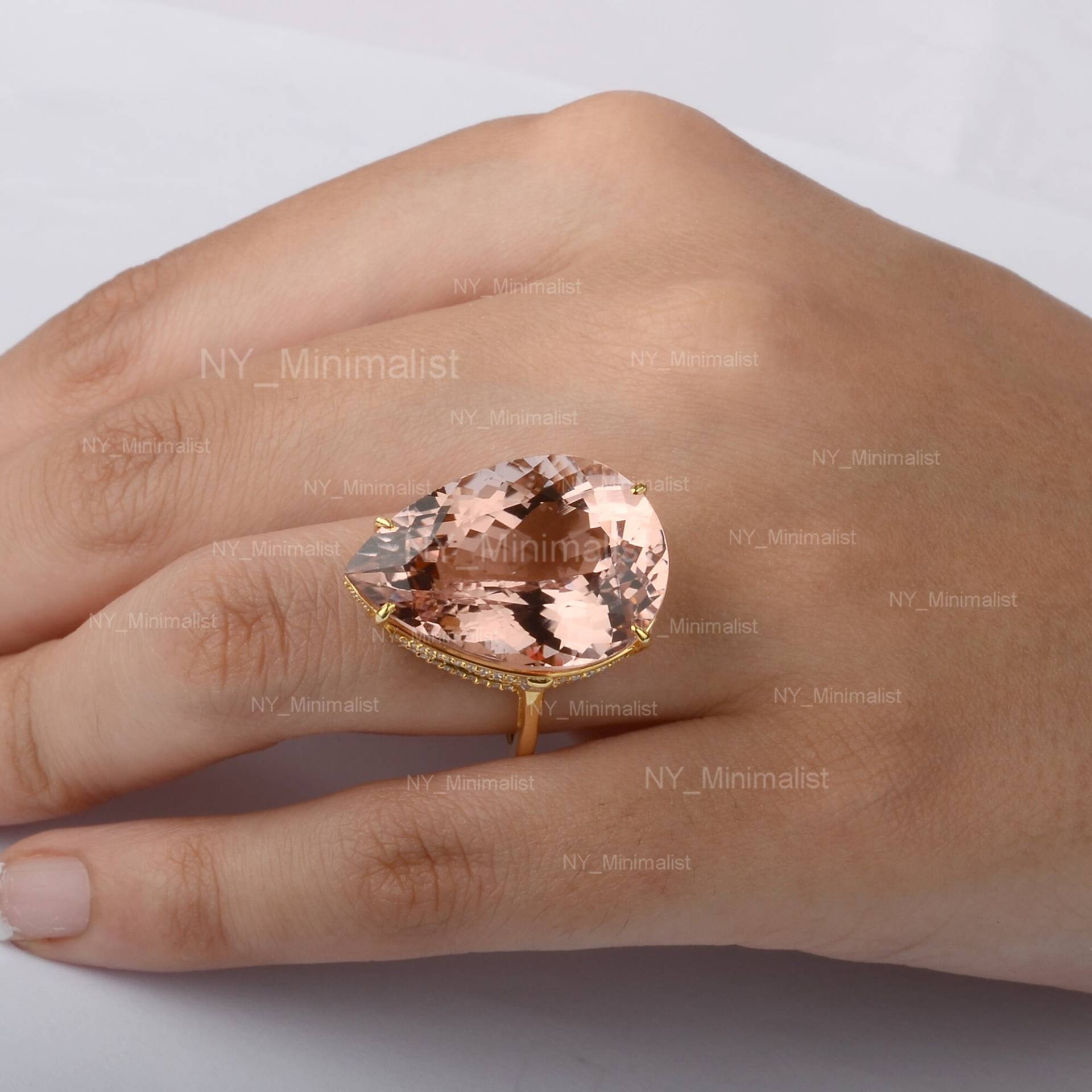 Natürliche Birnenform Pfirsich Morganit Echter Edelstein Diamant Solitär Ring Solid 14K Gelbgold Zertifiziert Schmuck Verlobungsring von nyminimalist