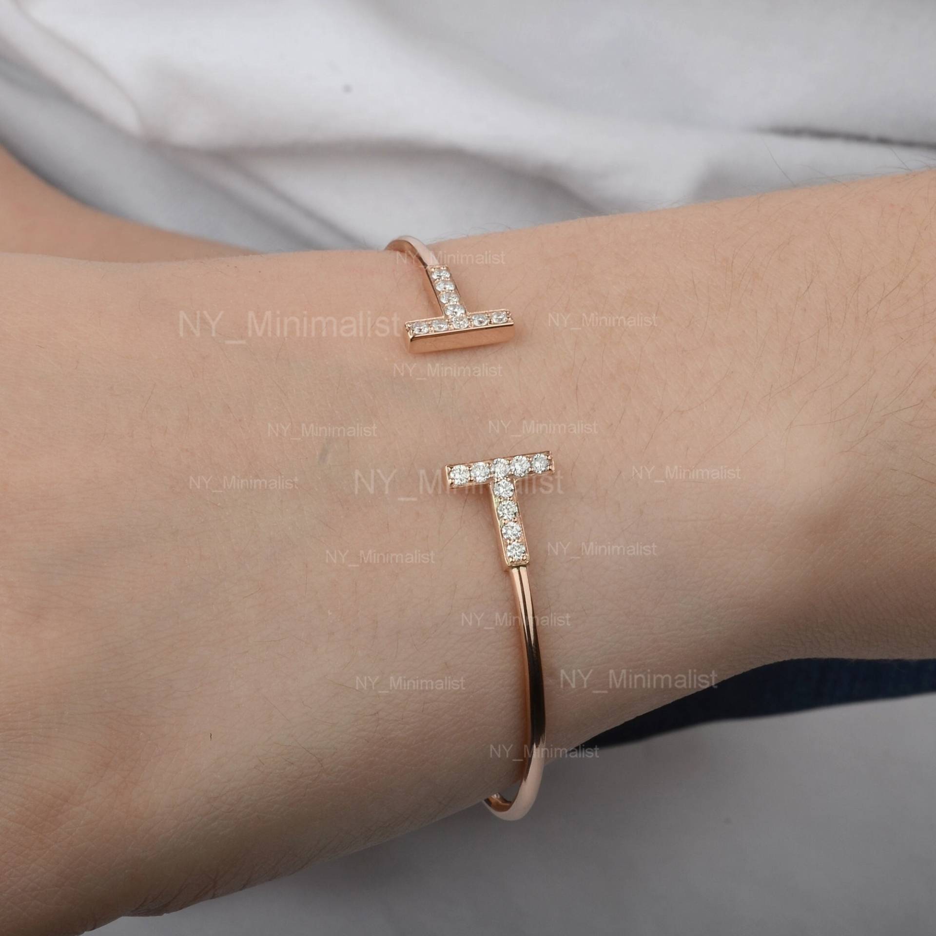 Parallel Natural Diamond Bar Minimalist Cuff Armreif Solid 14K Rose Gold Offener Handgemachter Feiner Schmuck Weihnachtsgeschenk Zertifiziertes von nyminimalist