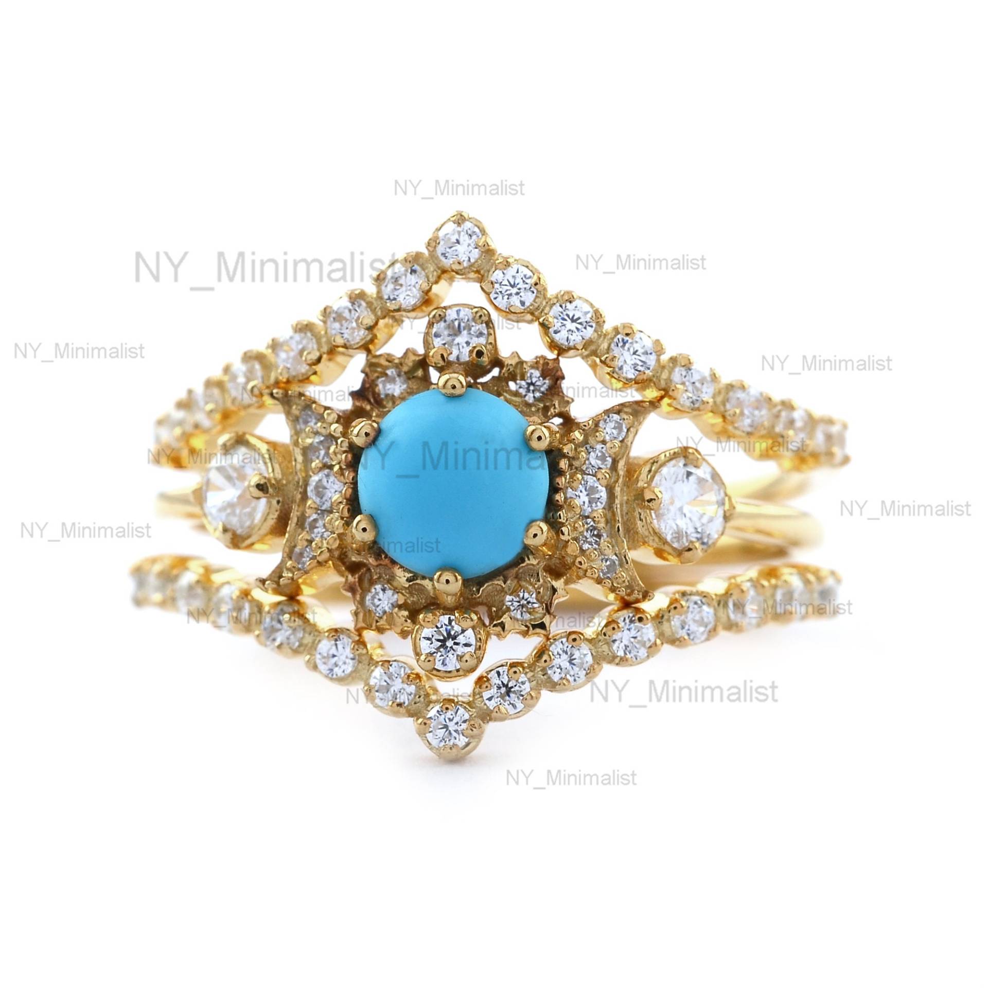 Runde Arizona Türkis Edelstein Crescent Moon Diamant Nesting Band 3 Ringe Set in Verkauft 14K Gelbgold Handgefertigter Schmuck von nyminimalist