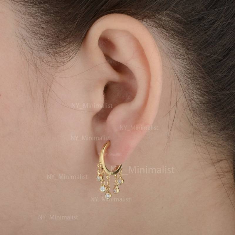 Fünf Tropfen Kette Huggie Hoop Ohrringe Massiv 14K Gelbgold Creolen Echte 0, 45 Ct. Si Klarheit G H Farbe Diamant Handgemachte Schmuck von nyminimalist