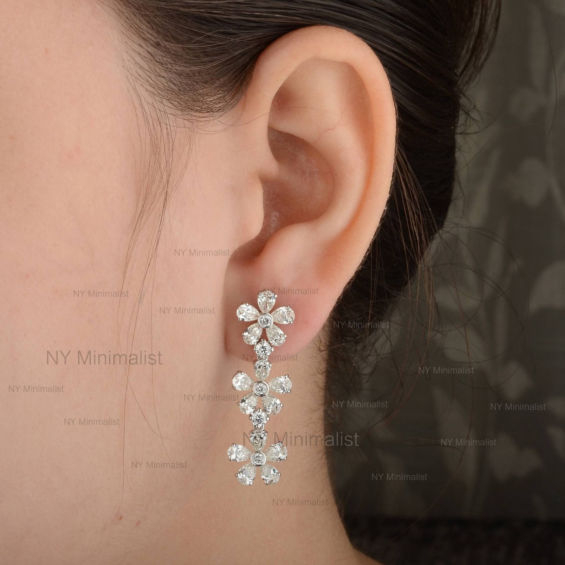 Zertifizierte 18K Solid White Gold Echte 6, 20 Ct Diamant Blumen Baumeln Ohrringe Handgemachter Feiner Schmuck Hochzeitstag Geschenk Für Sie von nyminimalist