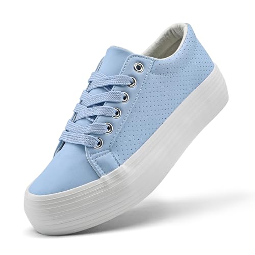 nzzoo Damen High Platform Fashion Sneakers Weiß Atmungsaktiv Schnürschuhe Tennisschuhe Bequem Casual, Blau mit Löchern, 38.5 EU von nzzoo