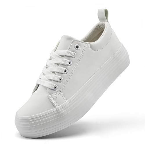 nzzoo Damen High Platform Fashion Sneakers Weiß Atmungsaktiv Schnürschuhe Tennisschuhe Bequem Casual, Reines Weiß, 38.5 EU von nzzoo
