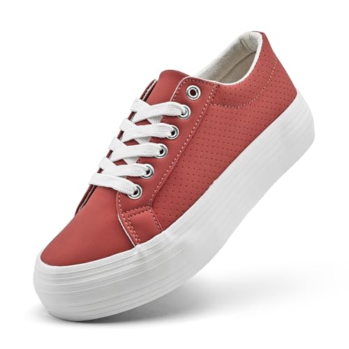 nzzoo Damen High Platform Fashion Sneakers Weiß Atmungsaktiv Schnürschuhe Tennisschuhe Bequem Casual, Rot mit Löchern, 38.5 EU von nzzoo