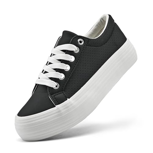 nzzoo Damen High Platform Fashion Sneakers Weiß Atmungsaktiv Schnürschuhe Tennisschuhe Bequem Casual, Schwarz mit Löchern, 38.5 EU von nzzoo