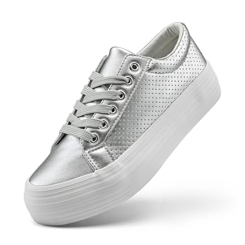 nzzoo Damen High Platform Fashion Sneakers Weiß Atmungsaktiv Schnürschuhe Tennisschuhe Bequem Casual, Silber mit Löchern, 38.5 EU von nzzoo
