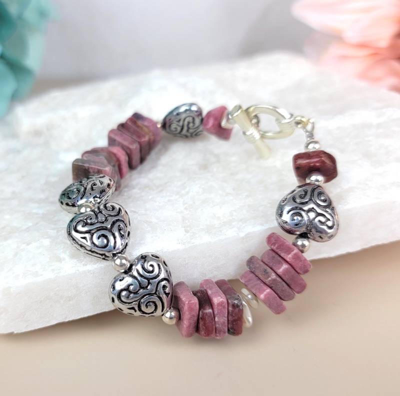 Silber Herzchen Rhodonit Armband Handgemachter Edelstein Schmuck von o8sis