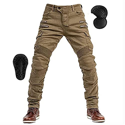 oFzimTo Motorrad-Jeanshose Für Herren, Sturzfeste Jeans Mit Geradem Bein Und 4 Arten Von Schutzausrüstung, Motorradhose Für Motorradrennfahrer (Khaki,2XL) von oFzimTo