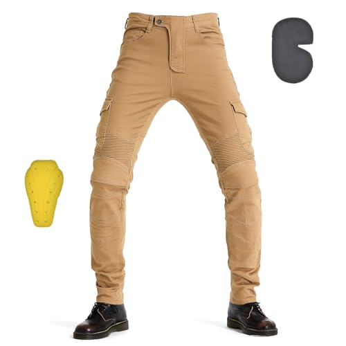 oFzimTo Motorradhose Herren mit Protektoren, Motorrad Jeans Herren, Klassisch Motorrad Hosen Herren, für Winter und Sommer Geeignet (Khaki,L) von oFzimTo