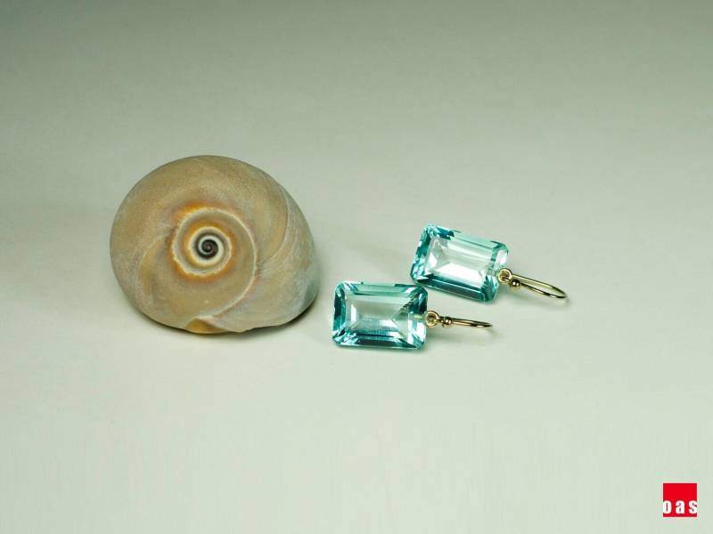 Wunderschöne Smaragd-Cut Style 18K 14K Solid Gold Aquamarin-Blauer Prasiolith Ohrringe Klappbrisur, Februar Birthstone Schmuck, Braut von oasNewYork