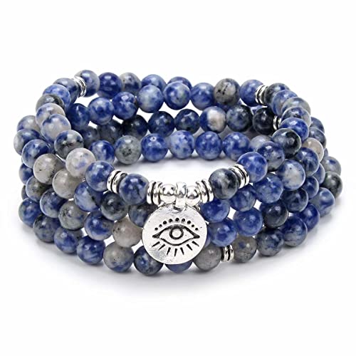 108 Mala Gebetskette Armband Halskette Schutz Yoga Meditationsschmuck mit dem Evil Eye Charm Yoga Symbol (Blue-Jaspis-Achat (Blue Spot Jasper Agate)) von oasymala