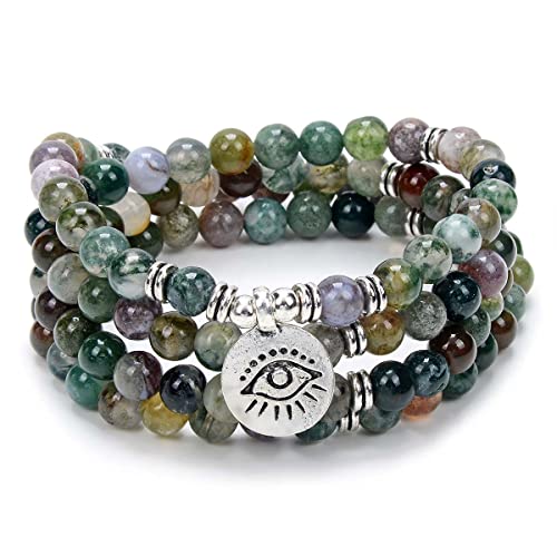 108 Mala Gebetskette Armband Halskette Schutz Yoga Meditationsschmuck mit dem Evil Eye Charm Yoga Symbol (Indischer Achat (Indian Agate)) von oasymala