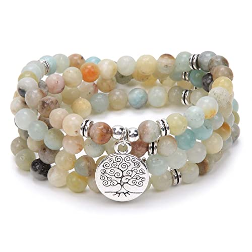 108 Mala Perlen Armband-Mala Perlen Meditation Balance Baum des Lebens Armband-Meditation 108 Mala Stress Angst Relief Halskette (Amazonit (Amazonite)) von oasymala