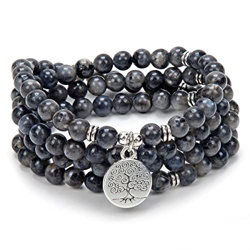 108 Mala Perlen Armband-Mala Perlen Meditation Balance Baum des Lebens Armband-Meditation 108 Mala Stress Angst Relief Halskette (Grauer Labradorit (Grey Labradorite)) von oasymala