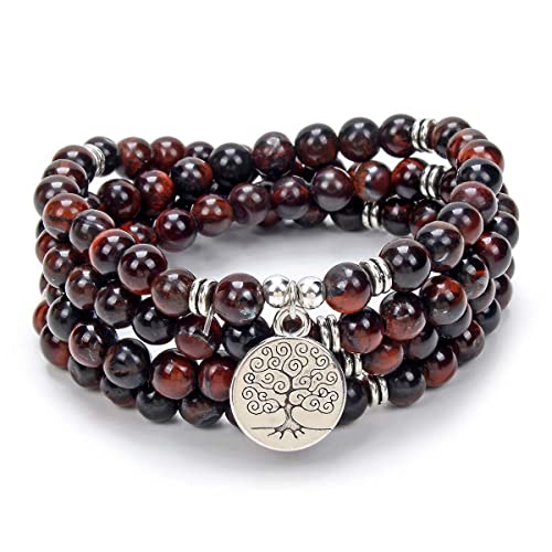 108 Mala Perlen Armband-Mala Perlen Meditation Balance Baum des Lebens Armband-Meditation 108 Mala Stress Angst Relief Halskette (Rotes Tigerauge (Red Tiger Eye)) von oasymala