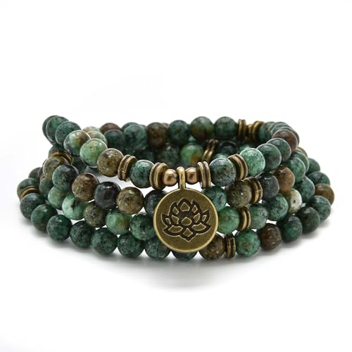 Armband oder Halskette aus 108 heilenden Mala-Perlen mit goldenem Lotus-Anhänger (Afrikanischer Türkis (African Turquoise)) von oasymala