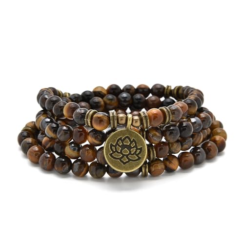 Armband oder Halskette aus 108 heilenden Mala-Perlen mit goldenem Lotus-Anhänger (Braunes Tigerauge (Brown Tiger Eye)) von oasymala