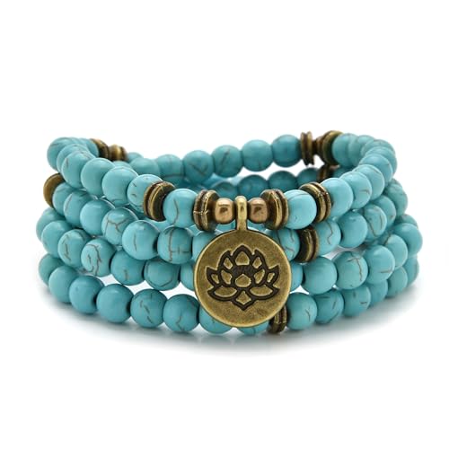 Armband oder Halskette aus 108 heilenden Mala-Perlen mit goldenem Lotus-Anhänger (Grüner Türkis (Green Turquoise)) von oasymala