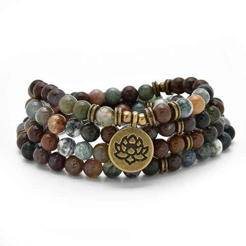 Armband oder Halskette aus 108 heilenden Mala-Perlen mit goldenem Lotus-Anhänger (Indischer Achat (Indian Agate)) von oasymala