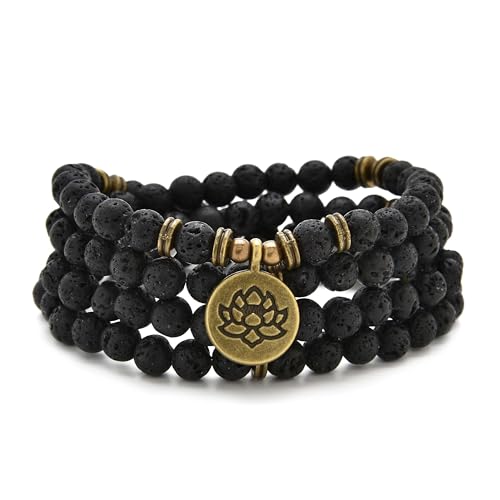 Armband oder Halskette aus 108 heilenden Mala-Perlen mit goldenem Lotus-Anhänger (Lava) von oasymala