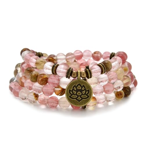 Armband oder Halskette aus 108 heilenden Mala-Perlen mit goldenem Lotus-Anhänger (Wassermelonenturmalin (Watermelon Tourmaline)) von oasymala