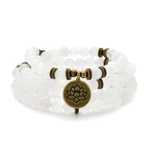 Armband oder Halskette aus 108 heilenden Mala-Perlen mit goldenem Lotus-Anhänger (Weiße Jade (White Jade)) von oasymala
