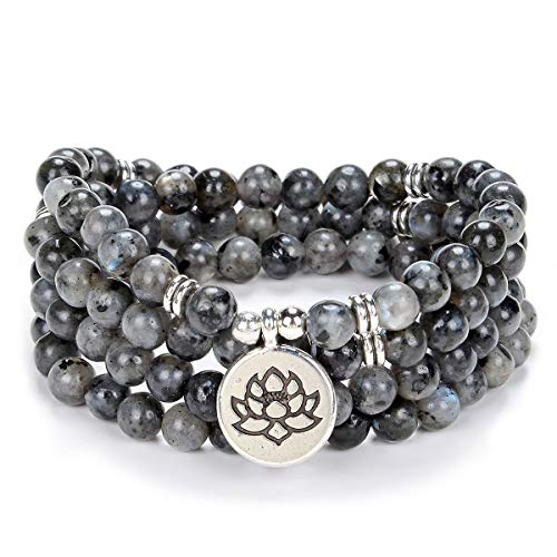 Chanting Mala Prayer Beads 108 Halsketten-Armband für Meditation mit kleinem Lotusblüten-Anhänger (Grauer Labradorit (Grey Labradorite)) von oasymala