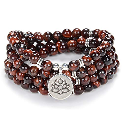 Chanting Mala Prayer Beads 108 Halsketten-Armband für Meditation mit kleinem Lotusblüten-Anhänger (Rotes Tigerauge (Red Tiger Eye)) von oasymala