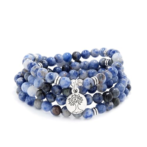 Handgefertigte Mala-Perlen aus 108 Steinen mit Lebensbaum-Anhänger – als Halskette oder Armband tragbar (Blauer Punktjaspis (Blue Spot Jasper)) von oasymala