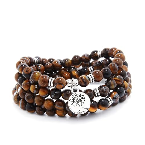Handgefertigte Mala-Perlen aus 108 Steinen mit Lebensbaum-Anhänger – als Halskette oder Armband tragbar (Braunes Tigerauge (Brown Tiger Eye)) von oasymala