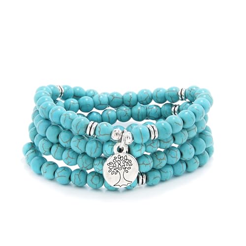 Handgefertigte Mala-Perlen aus 108 Steinen mit Lebensbaum-Anhänger – als Halskette oder Armband tragbar (Grüner Türkis (Green Turquoise)) von oasymala