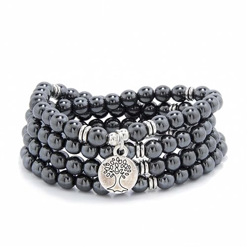 Handgefertigte Mala-Perlen aus 108 Steinen mit Lebensbaum-Anhänger – als Halskette oder Armband tragbar (Hematit (Hematite)) von oasymala