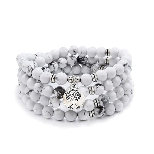 Handgefertigte Mala-Perlen aus 108 Steinen mit Lebensbaum-Anhänger – als Halskette oder Armband tragbar (Howlith (Howlite)) von oasymala