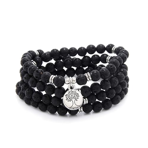 oasymala Handgefertigte Mala-Perlen aus 108 Steinen mit Lebensbaum-Anhänger – als Halskette oder Armband tragbar (Lava) von oasymala