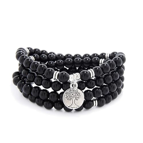 Handgefertigte Mala-Perlen aus 108 Steinen mit Lebensbaum-Anhänger – als Halskette oder Armband tragbar (Schwarzer Achat (Black Agate)) von oasymala