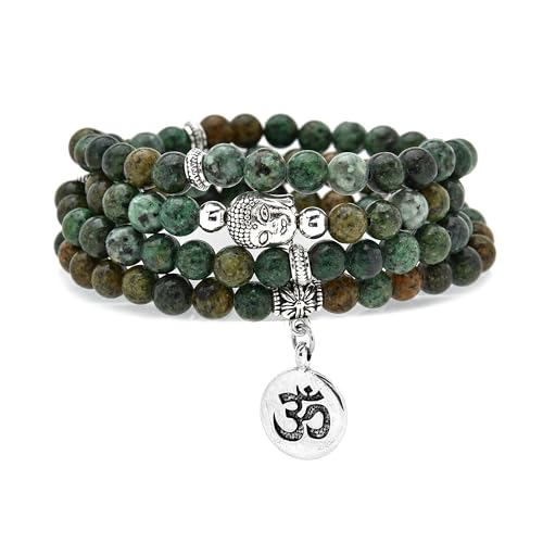 Japa Mala Perlen 108 Armband, Buddha Charm Halskette mit OM Yoga Symbol Charm für Männer oder Frauen (Afrikanischer Türkis (African Turquoise)) von oasymala