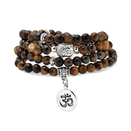 Japa Mala Perlen 108 Armband, Buddha Charm Halskette mit OM Yoga Symbol Charm für Männer oder Frauen (Braunes Tigerauge (Brown Tiger Eye)) von oasymala