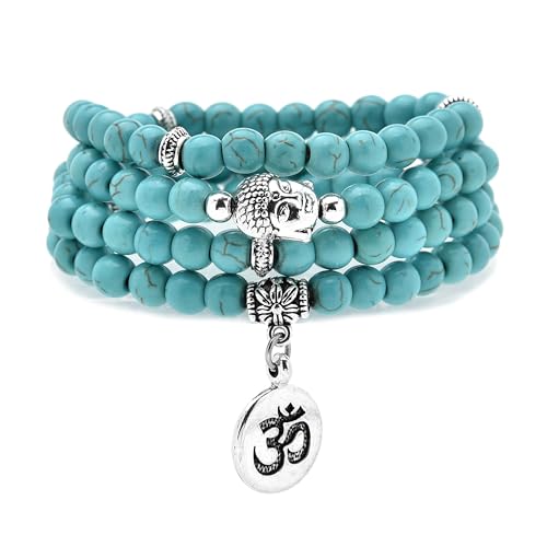 Japa Mala Perlen 108 Armband, Buddha Charm Halskette mit OM Yoga Symbol Charm für Männer oder Frauen (Grüner Türkis (Green Turquoise)) von oasymala