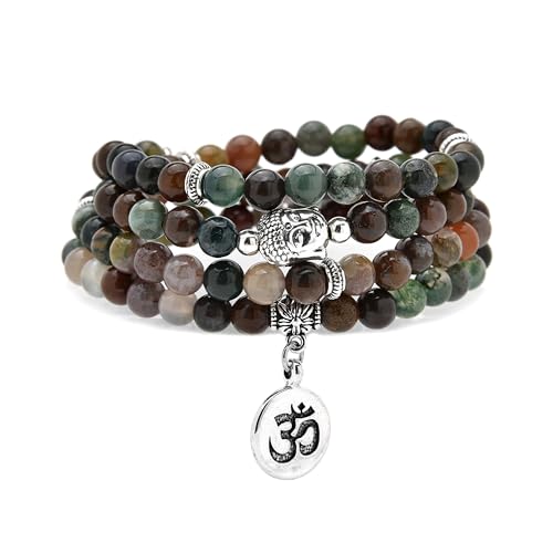 Japa Mala Perlen 108 Armband, Buddha Charm Halskette mit OM Yoga Symbol Charm für Männer oder Frauen (Indischer Achat (Indian Agate)) von oasymala