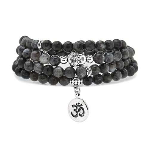 Japa Mala Perlen 108 Armband, Buddha Charm Halskette mit OM Yoga Symbol Charm für Männer oder Frauen (Labradorit (Labradorite)) von oasymala
