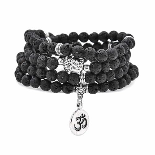 Japa Mala Perlen 108 Armband, Buddha Charm Halskette mit OM Yoga Symbol Charm für Männer oder Frauen (Lava) von oasymala